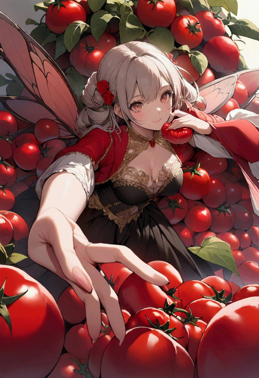 a fairy flying over a pile of red Tomatoes , holding one Tomato on her hand