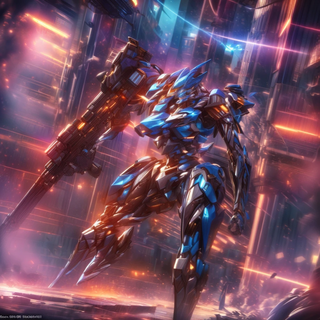 (Obra de arte, melhor qualidade:1.5).Mech branco e azul com detalhes dourados, médio, segurando uma sniper azul grande. Extremely detaild, 8K, HDR, natural light, cinematic lighting, masterpiece-anatomy-perfect, Ultra HD, (Battlefield:1.5), RAW photo, metallic, professional, ultra-fine painting, perfect body proportions, anatomically correct, uhd, real texture material, Anti-Aliasing, FKAA, TXAA, SSAO, Post Processing, Post Production, Tone Mapping, CGI, VFX, SFX, Hyper maximalist, Volumetric, ultra photorealultra-detailed intricate details.