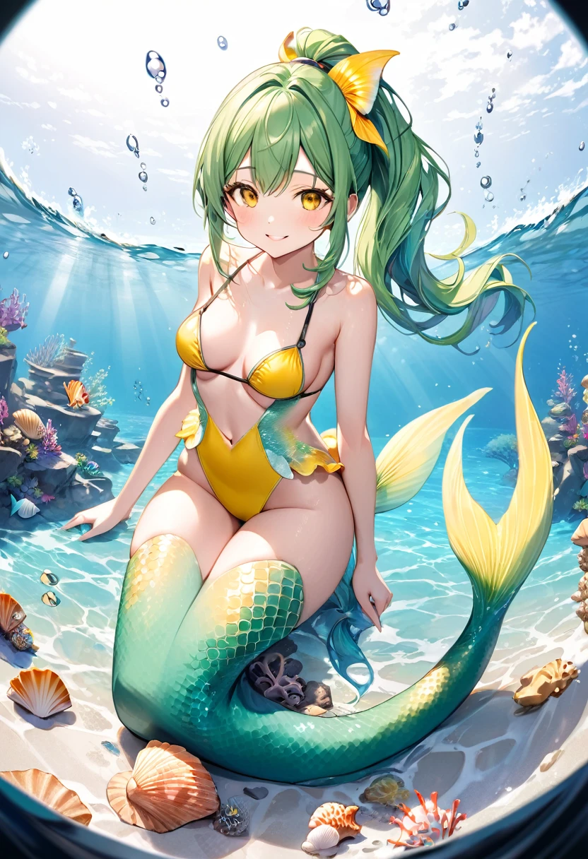(full body, pov mermaid style swimsuit) (beautifu fighterl body), (solo:2, 15 yo, ponytail green hair long hair sexy mermaid girl, cute yellow eyes, love smile, medium tits, legs is detailed Mermaid tail), (in a sexy big Seashell bikini, exposure water love ocean), break, in the Swimsuit contest venue, background Double Exposure beautiful ocean, BREAK, perfect anatomy, masterpiece, best quality, 16k, beautiful detailed love, sexy, daydreaming expression.