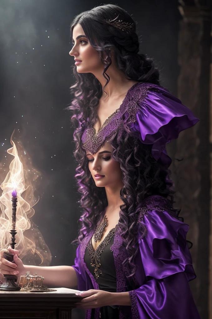 (MESTRA CIGANA SULAMITA) super-realista, Standing showing all her realistic 8K purple lace dress floating in space , cabelos negros, pele, dourada, corpo full body, Detailed Hands with Ruby Ring, 40 anos, Mystery front image ::8, flowing robe, Intricate Purple Makeup Patterns ::7, body ::6, Aura Encantada, magia brilhante ::5, On your card table, Bubbling Potion ::4, Magic ingredients, spellbooks ::3, gesto de spellcasting ::2, mistic ambient, supernatural presence ::1. Smoke and atmosphere:  , 16K.  