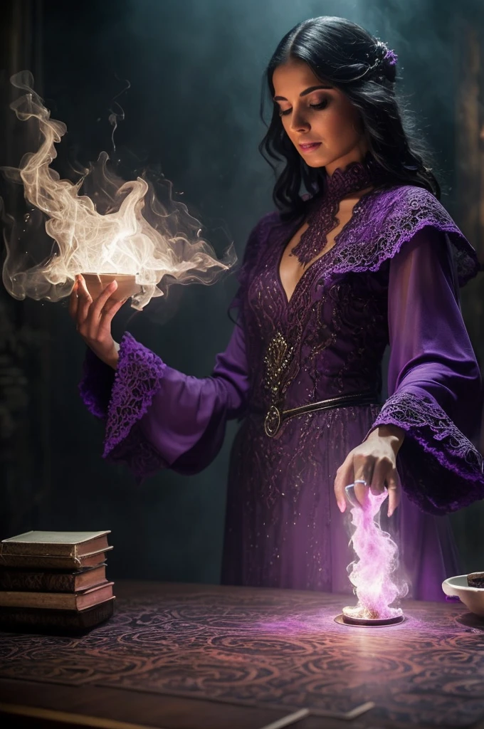 (MESTRA CIGANA SULAMITA) super-realista, Standing showing all her realistic 8K purple lace dress floating in space , cabelos negros, pele, dourada, corpo full body, Detailed Hands with Ruby Ring, 40 anos, Mystery front image ::8, flowing robe, Intricate Purple Makeup Patterns ::7, body ::6, Aura Encantada, magia brilhante ::5, On your card table, Bubbling Potion ::4, Magic ingredients, spellbooks ::3, gesto de spellcasting ::2, mistic ambient, supernatural presence ::1. Smoke and atmosphere:  , 16K.  