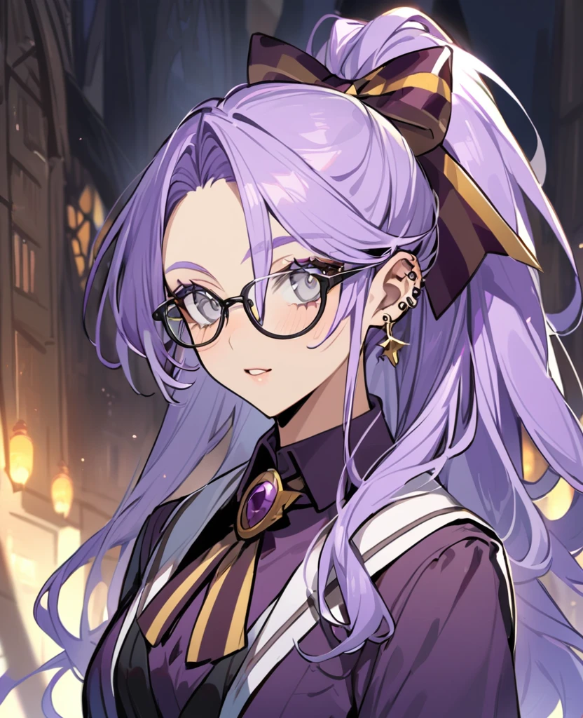 Female,5'5,glasses ,pierced ears,light skin,grey eyes,purple long hair in a high ponytail  ,hogwards uniform