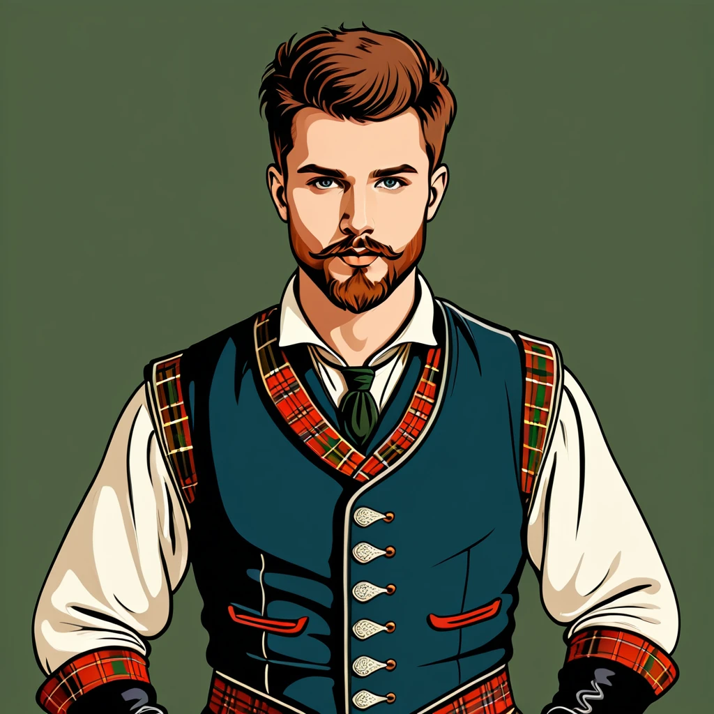 man in scotish folk outfit, vector graphics, strong contours