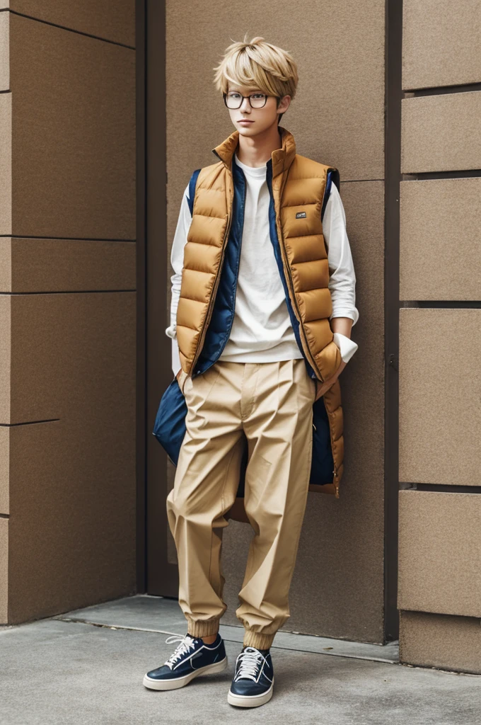 Tan blonde anime boy with puffer vest baggy cream brown pants and glasses