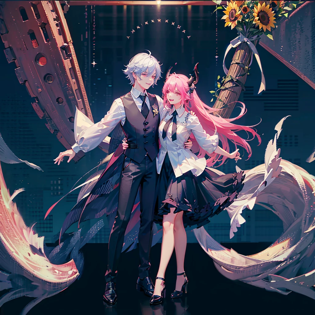 1 pink hair, long hair, Devil's Horn, Devil Tail,Face Focus,Detailed face,Smile,aldult,best quality, white shirt dress, black vest,Black shoes,Detailed background, Scattered sunlight, Depth of Field, Bokeh,sunflower,Sea of Flowers,breeze,Blue sky and white clouds,happy,Bouquet,Dance
