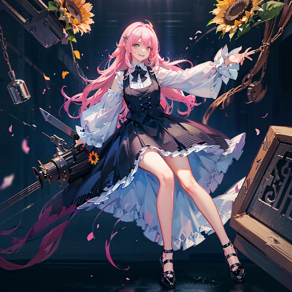 1 pink hair, long hair, Devil's Horn, Devil Tail,Face Focus,Detailed face,Smile,aldult,best quality, white shirt dress, black vest,Black shoes,Detailed background, Scattered sunlight, Depth of Field, Bokeh,sunflower,Sea of Flowers,breeze,Blue sky and white clouds,happy,Bouquet,Dance