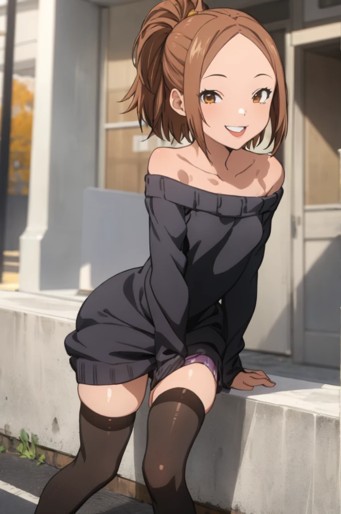 miyoshi kaya, light brown hair, high ponytail,small breasts, orange eyes, parted bangs, forehead,
 1girl,solo,looking at viewer, ,smile,sweater dress,bare shoulder,,thighhighs,outdoor,