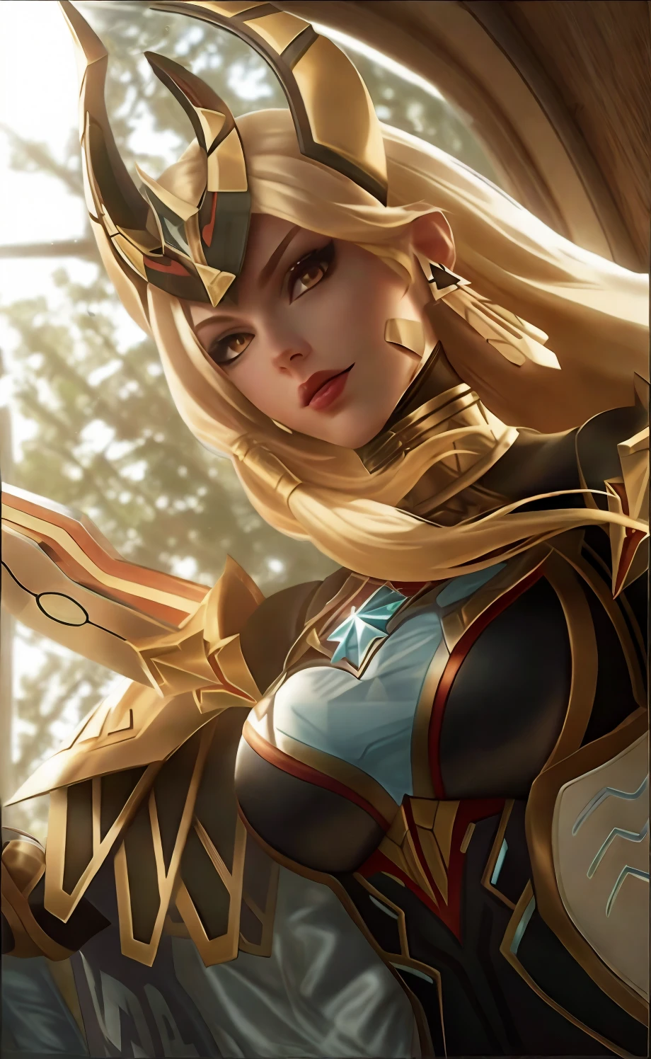 A close up of a woman with a sword in a forest - SeaArt AI