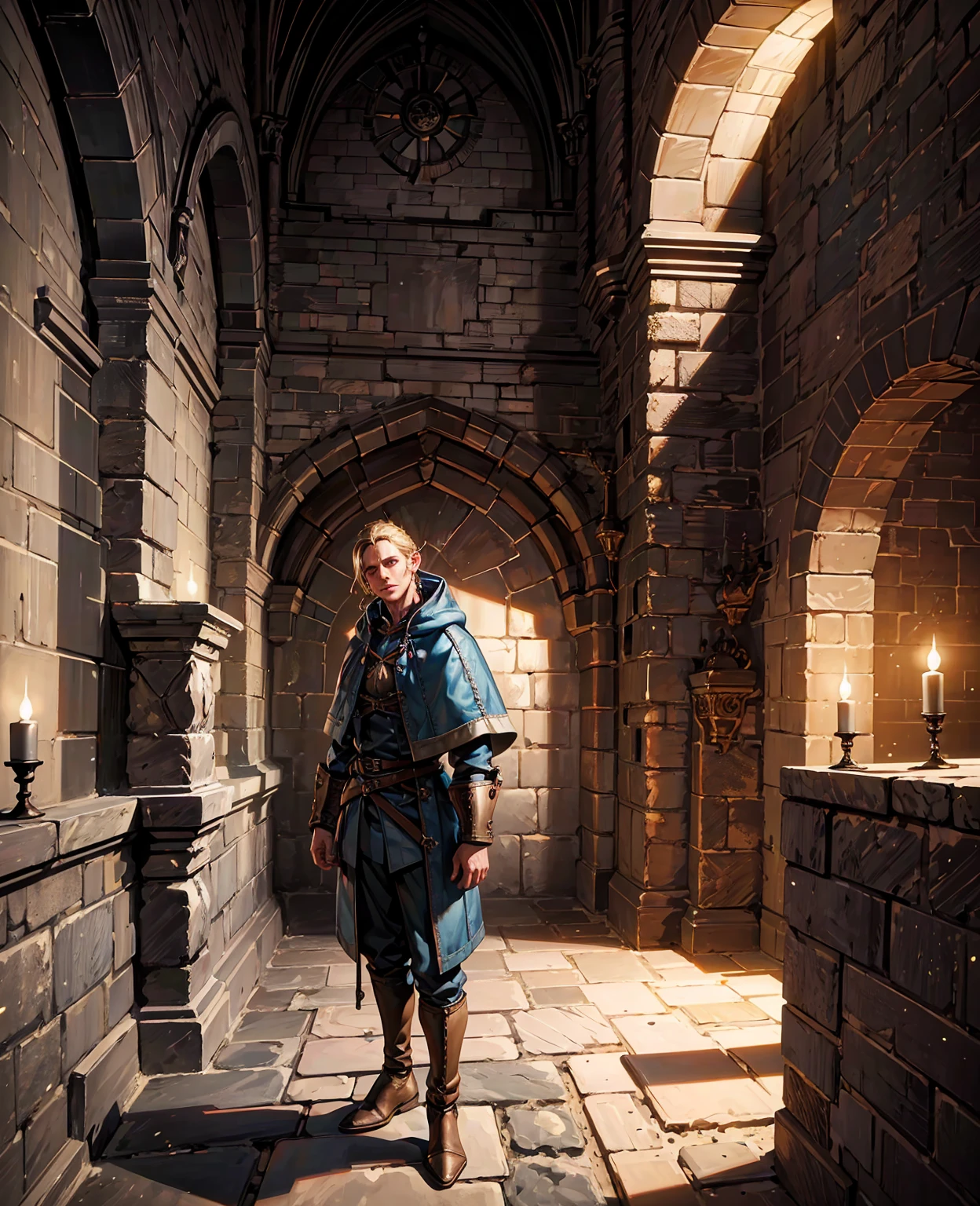 a detailed dungeon scene, a dimly lit underground chamber with stone walls, rusted iron bars, flickering torches, a wooden table with candles, a medieval knight's armor standing in the corner, a large ornate rug on the stone floor, cobwebs in the corners,(best quality,4k,8k,highres,masterpiece:1.2),ultra-detailed,(realistic,photorealistic,photo-realistic:1.37),dramatic lighting,gothic architecture,moody atmosphere,intricate details