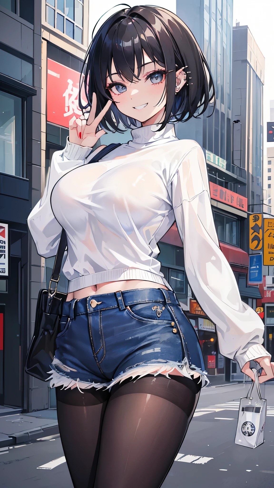 (masterpiece、Highest quality、Very detailed))、One girl、Black Hair、short hair、Grey Eyes、evil smile、((Grin))、((lots of piercing))、Small breasts、((White sweater))、((Off the shoulder))、((Strapless))、((denim short shorts))、((thighhighs))、Cowboy Shot、Downtown background