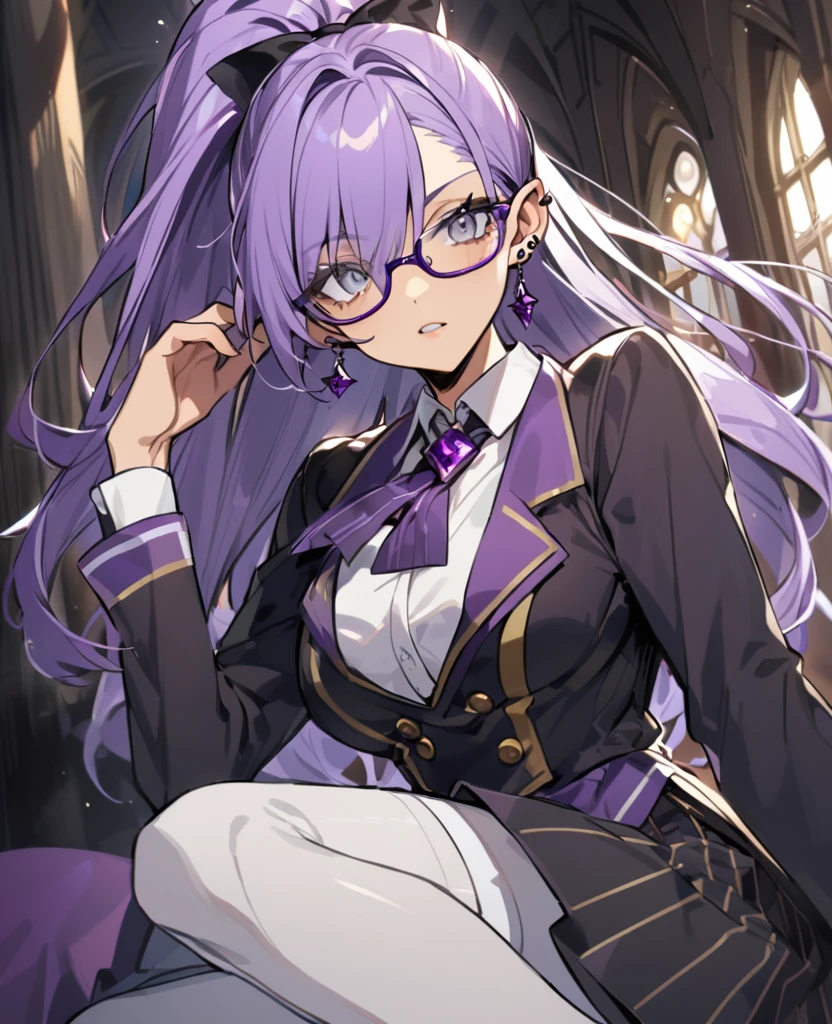 Female,5'5,glasses ,pierced ears,light skin,grey eyes,purple long hair in a high ponytail  ,hogwards uniform