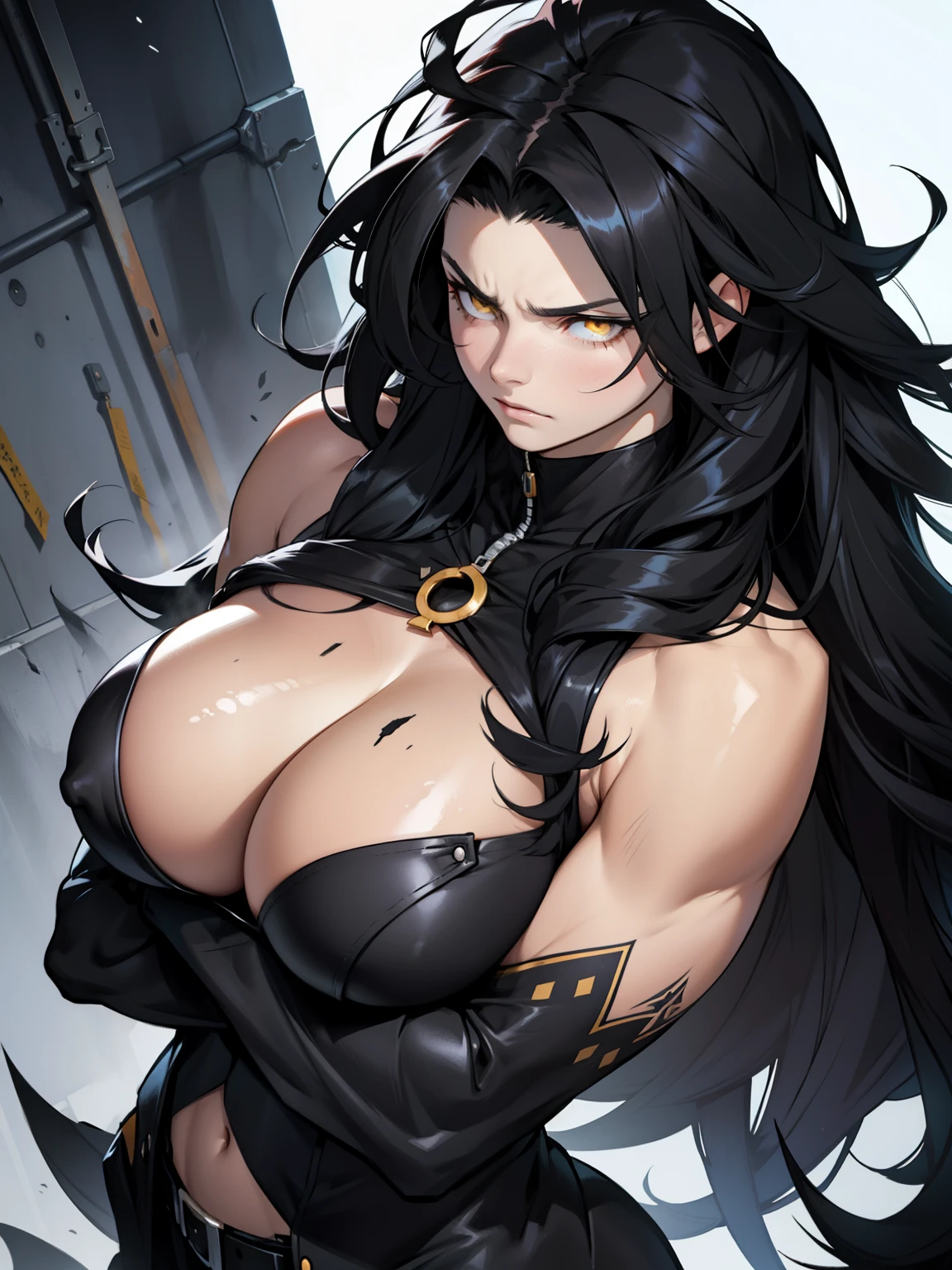hair flaps messy hair massive hair long hair black hair onyx hair raven hair pale skin yellow eyes huge muscles huge breasts sad sad angry