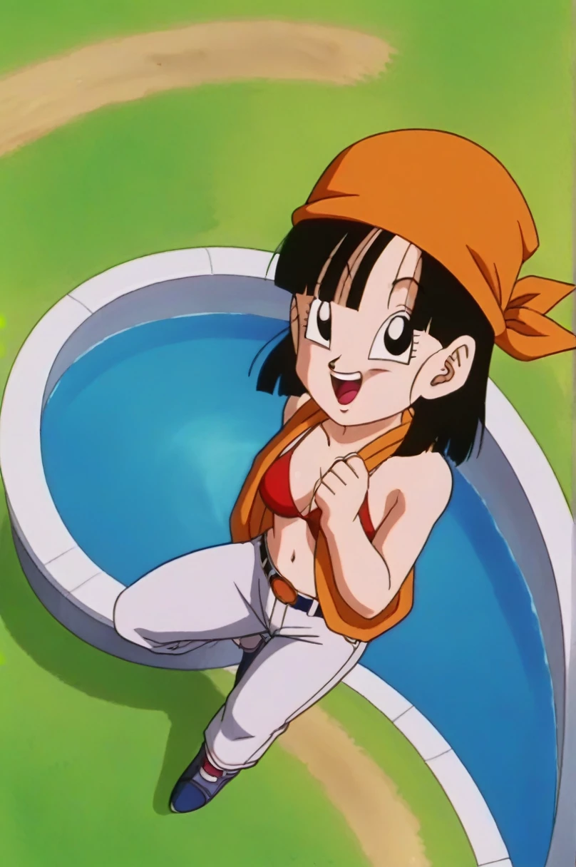 fountain_cheered up, score_9, score_8_above, score_7_above, cheered up screencap,8k, absurd resolution,
Pan \(Dragon Ball\), 1 girl, Alone, SMILE, Open mouth, hits, happy, Grass, black fur, Field, clavicle, aboveper body, :d, teeth, blunt hits, outdoor, black eyes, arm above, eyelashes, aboveper teeth only, happy, in front of the viewer, close-above, bandana, retro artStyle, , 1990s \(Style\), orange scarf, language, arched eyebrows, arms above, short hair, medium chest, showing buttocks, 2nalgas, perfect anatomy, skimpy clothing, medium breasts, medium rear, unclothed, big sexy ass, medium hips, sexy bikini