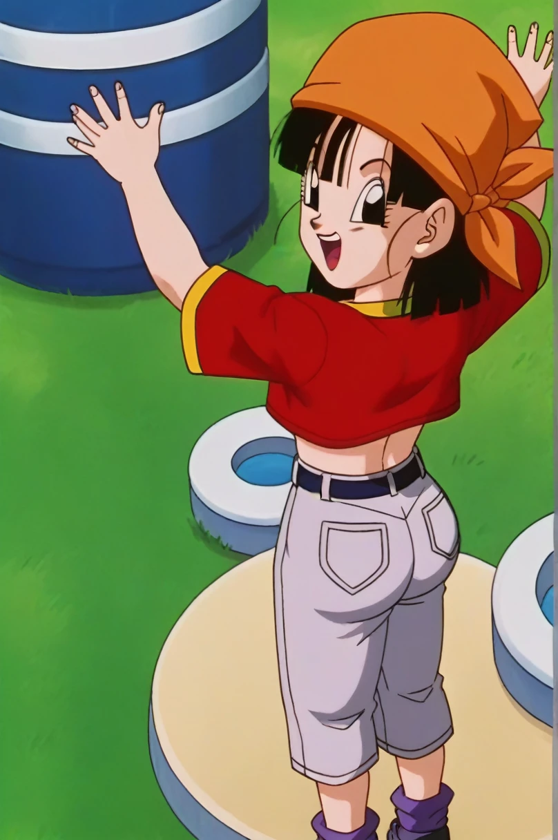 fountain_cheered up, score_9, score_8_above, score_7_above, cheered up screencap,8k, absurd resolution,
Pan \(Dragon Ball\), 1 girl, Alone, SMILE, Open mouth, hits, happy, Grass, black fur, Field, clavicle, aboveper body, :d, teeth, blunt hits, outdoor, black eyes, arm above, eyelashes, aboveper teeth only, happy, in front of the viewer, close-above, bandana, retro artStyle, , 1990s \(Style\), orange scarf, language, arched eyebrows, arms above, short hair, medium chest, showing buttocks, 2nalgas, perfect anatomy, skimpy clothing, medium breasts, medium rear, unclothed, big sexy ass, medium hips, sexy bikini