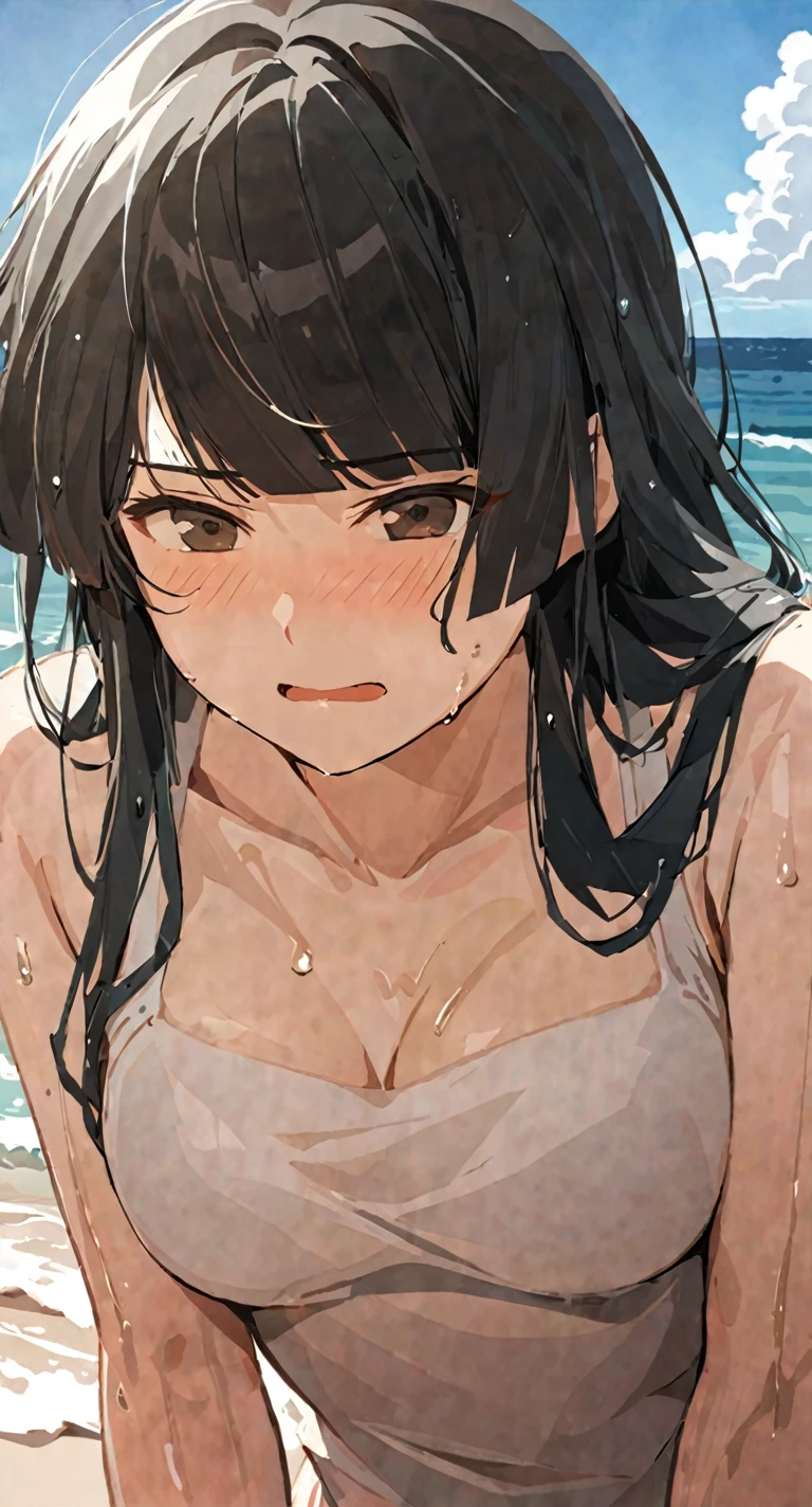 masterpiece,best quality, solo, eda, bangs, black hair, upper body,blue sky,cloud, shy expression, medium breast, hot, thicc, swimsuit , ocean, water, she is hiding her chest, she is shy, embarrassed , she is embarrassed, dynamic pose, wet, wet hair, hot