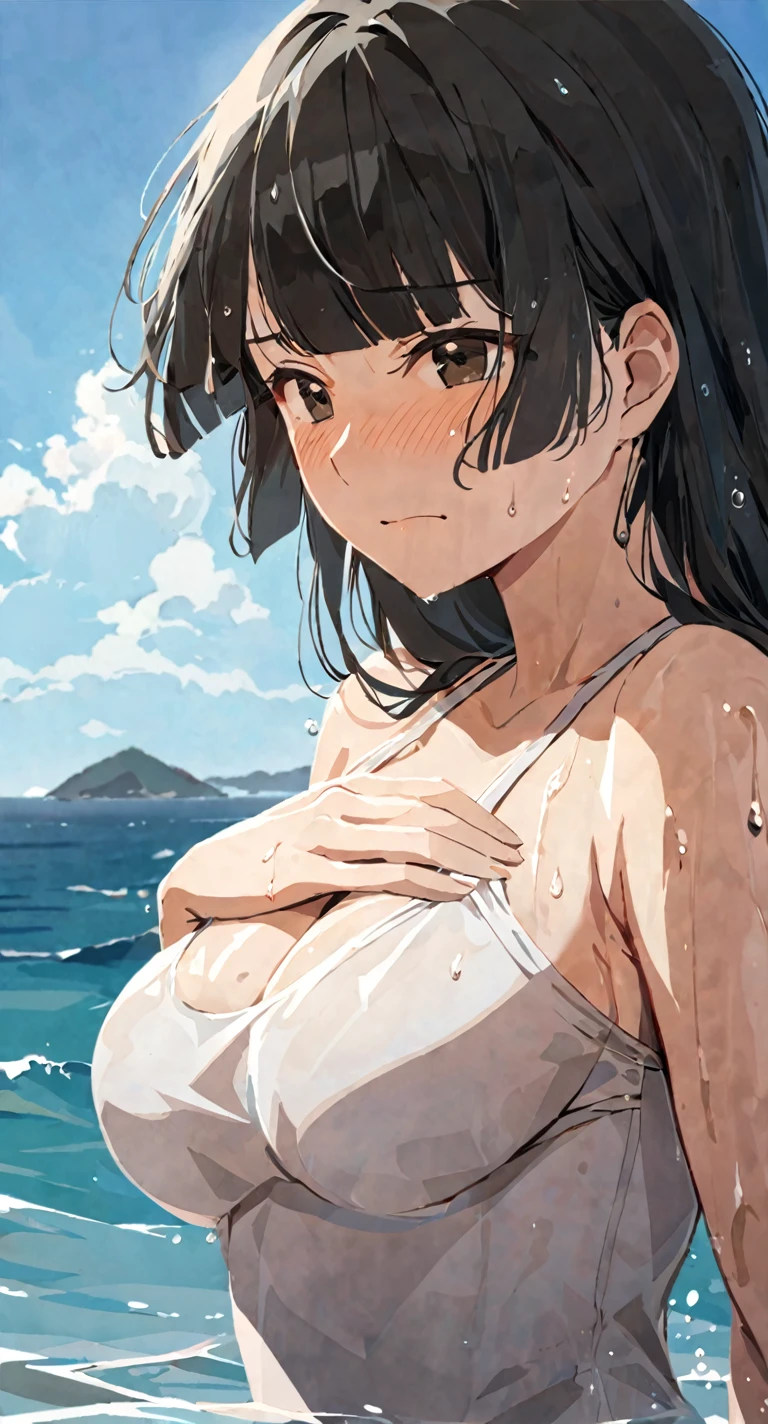 masterpiece,best quality, solo, eda, bangs, black hair, upper body,blue sky,cloud, shy expression, medium breast, hot, thicc, swimsuit , ocean, water, she is hiding her chest, she is shy, embarrassed , she is embarrassed, dynamic pose, wet, wet hair, hot