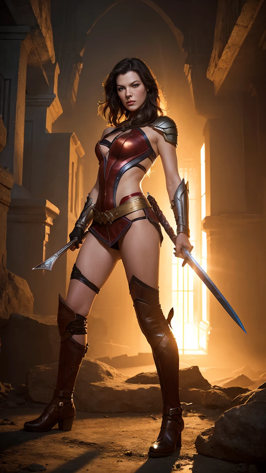 wonder woman poster, GAL GADOT, thick-thighs, wielding a sword, Plenty of lighting, battlefield background at sunset, BIG ASS