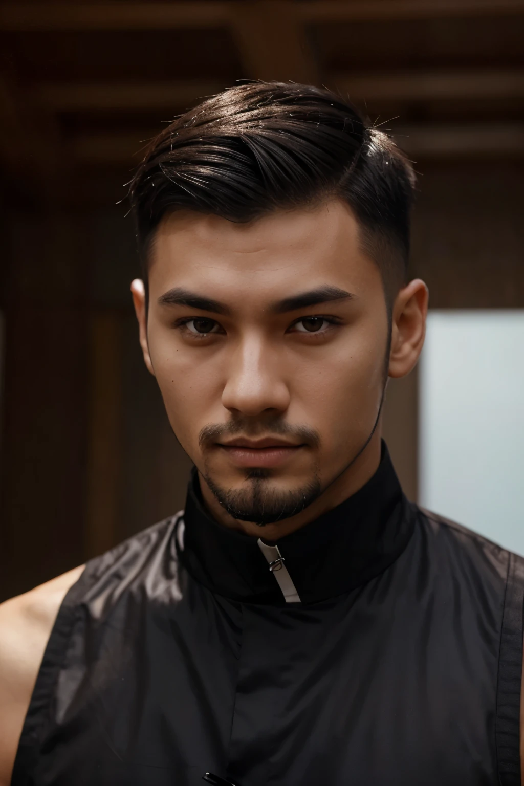 Kazakh with dark skin.slim.with a stylish short beard and haircut.high.with dark eyes