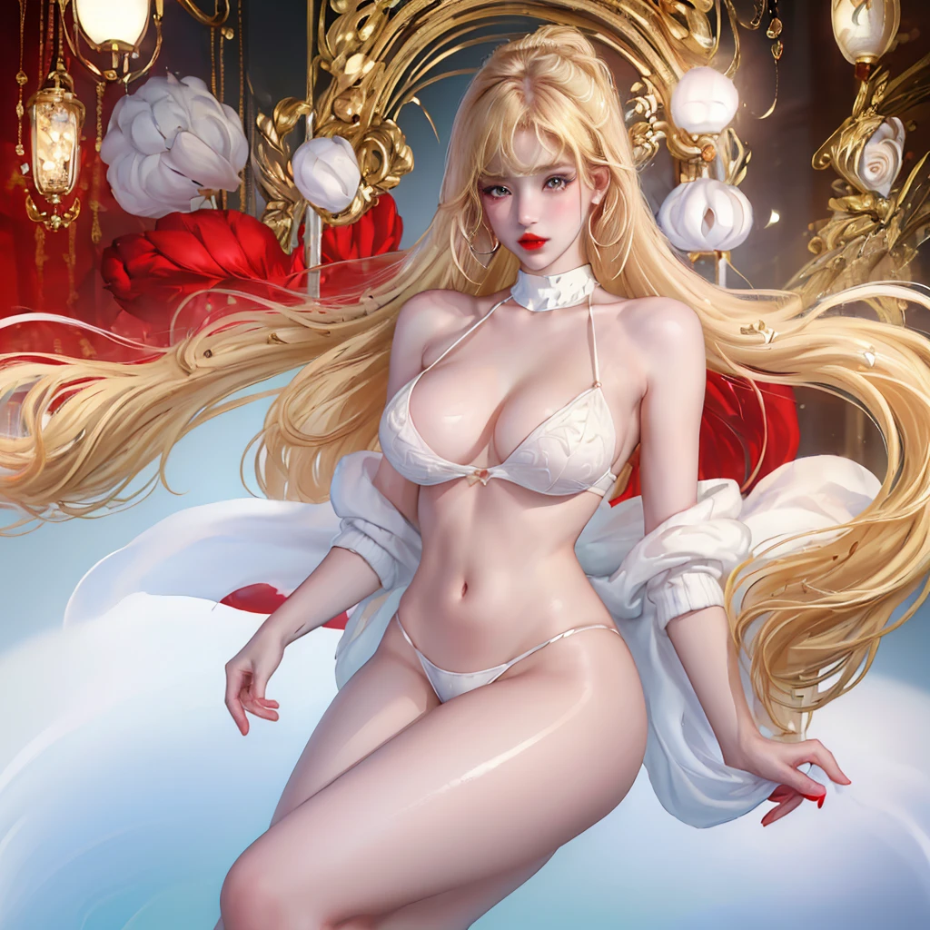 ((Top Quality, 8 thousand, Masterpiece: 1.3)), extremely charming girl, full body photo, huge breasts, breasts getting bigger, amazing breast size, G cup. Wearing big earrings, the skin is so white, the moist red lips, the waist is very thin, the thighs are very thin, the big ass, the skin is fair and smooth, the skin is smooth and fair, the skin is flawless, the skin is fair and shiny, the skin is cold and white, the camera focuses on the chest, the bright light, the white sweater, the lower body is exposed, the shoulders are bare, the light blonde hair, the hair is light blonde