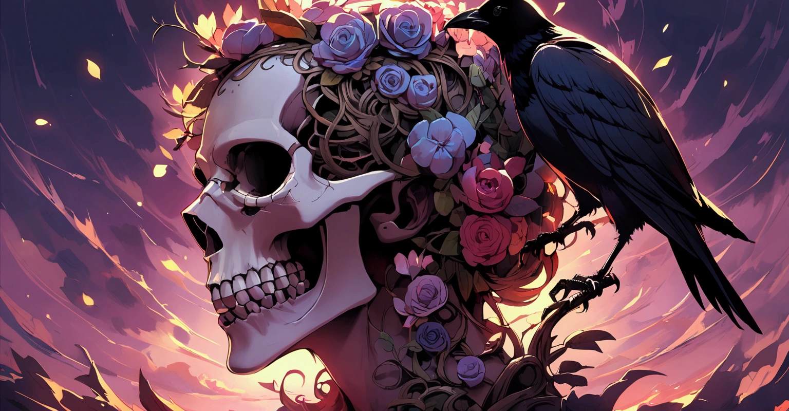 A crow on a human skull