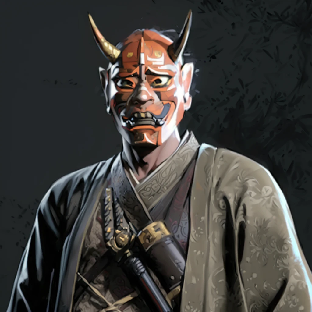 arafed man in a mask with a gun and a knife, yasuke 5 0 0 px models, villain wearing a red oni mask, gyokugan, demon samurai, inspired by Kanō Hōgai, momoshiki ōtsutsuki, katsushika, Samurai with demon mask, moon bull samurai, hunt showdown