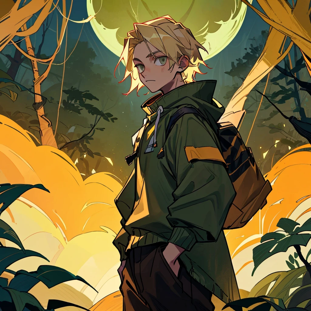 Teenage boy, dirty blonde hair, gray eyes, dark green sweatshirt, wildfire druid, in jungle at night