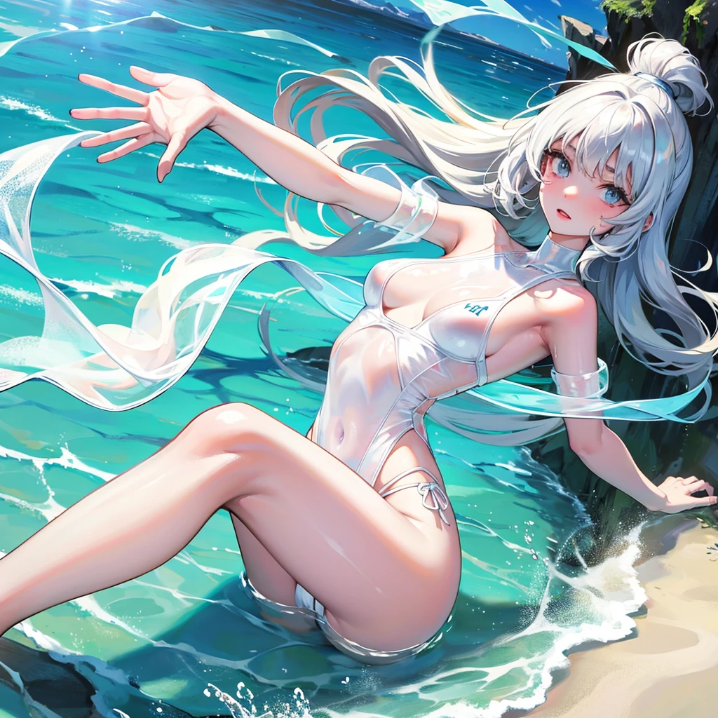 Transparent wet white micro sling swimsuit