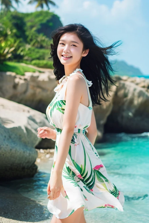 Highest quality、masterpiece、High sensitivity、High resolution、Detailed Description、Slender women、Glasseini dress、Tropical Beach、A strong wind is blowing、