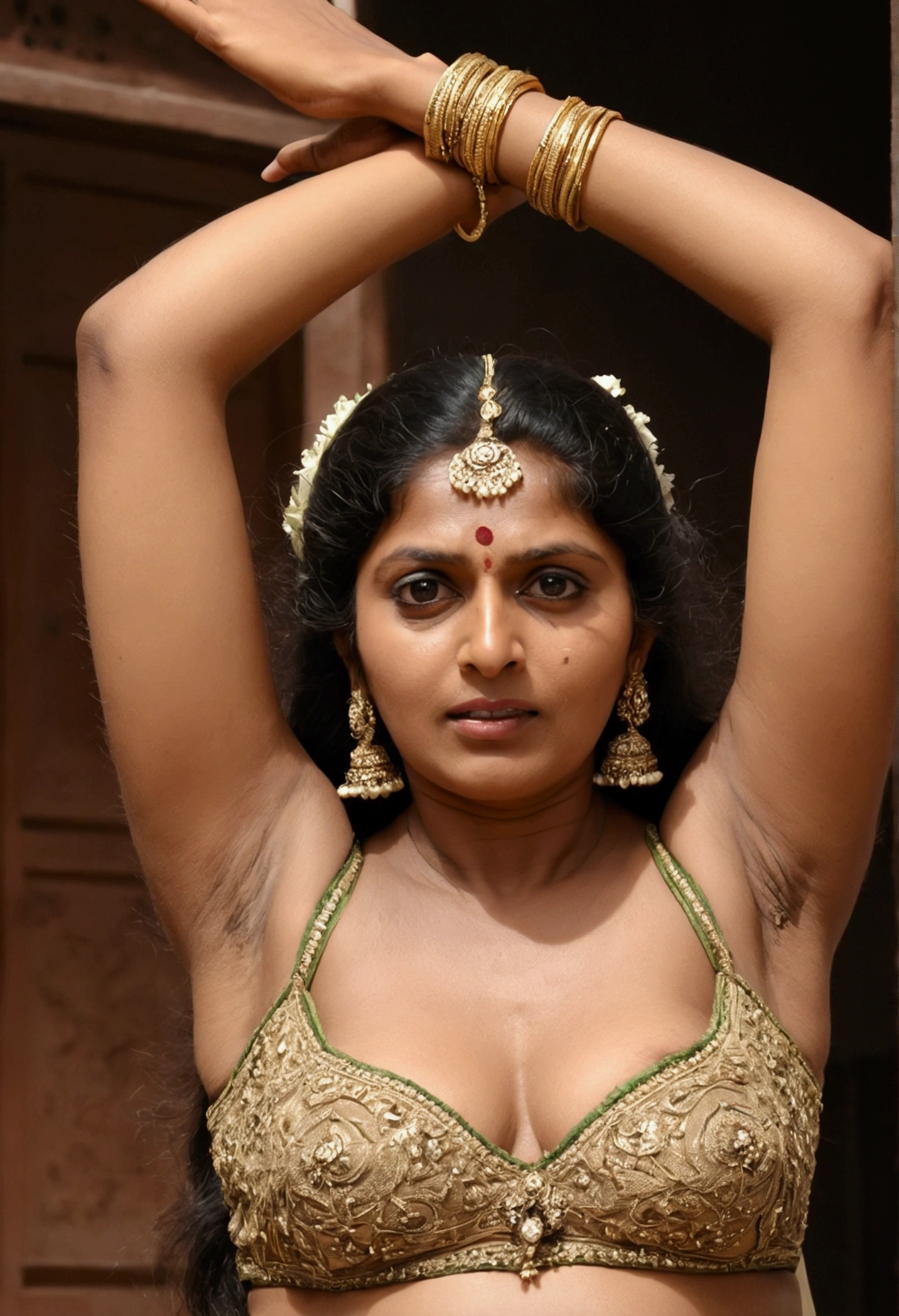 a very beautiful and sweaty 25 year old Indian naked girl, thick hairy armpits, muscular abs, raising her arms high while being carried and kissed by two young men