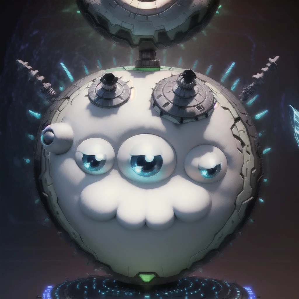 a robotic planet, round planet, with a white cat's face, covered with gray metal armor, symbol on the armor, a cylindrical robot on its head, blue holographic spikes levitating around it, in a galaxy 