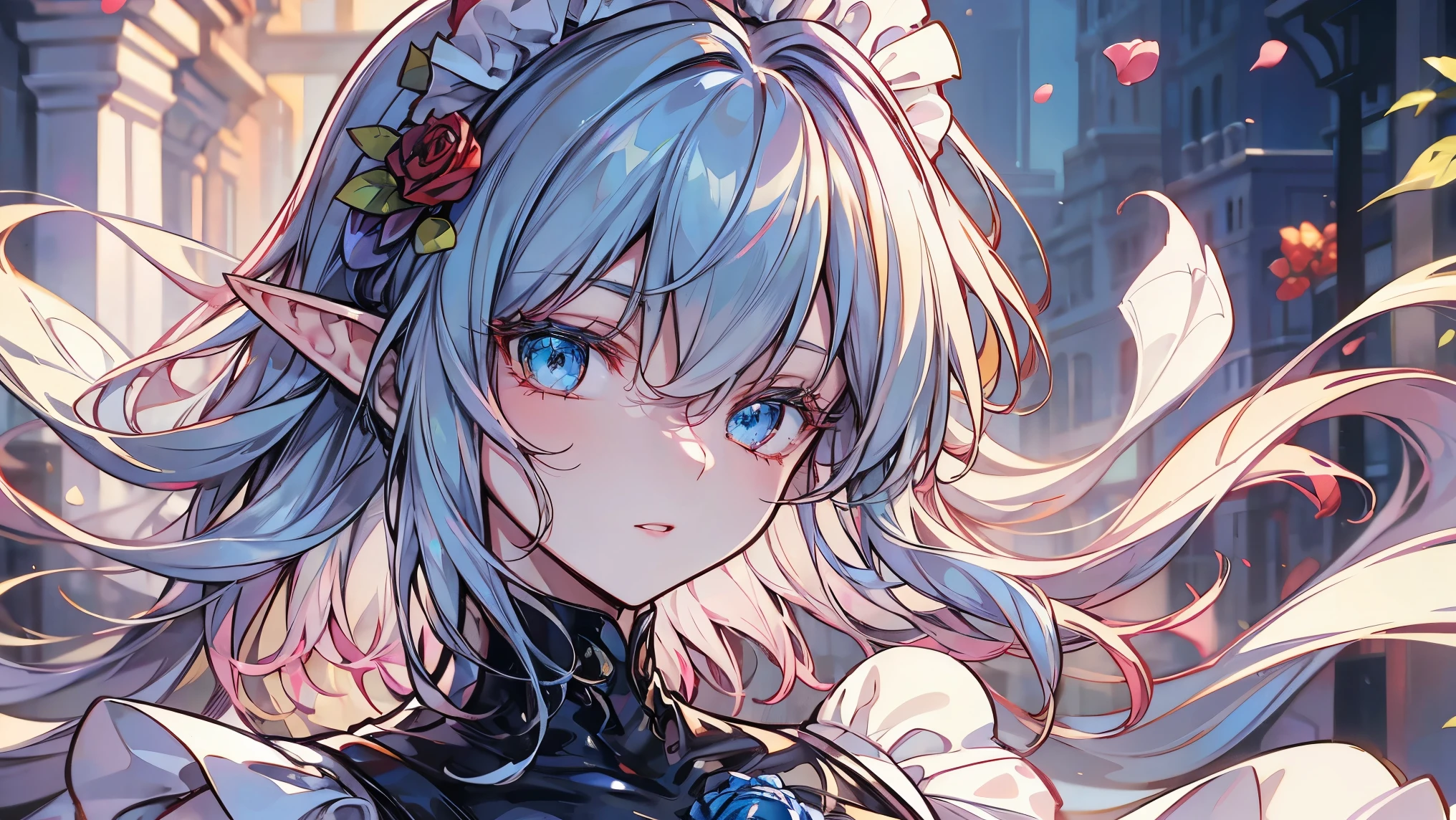 blue hair, medium hair, floating hair, big hair, eyeball, blue eyes, high detailed eyes, long pointy ears, anime, by Alfons Mucha, blending, masterpiece, accurate, textured skin, best quality, highres, super detail, 8k,elf, mature lady, maid, Maid outfit, frilly apron, (Rose Garden), red roses
