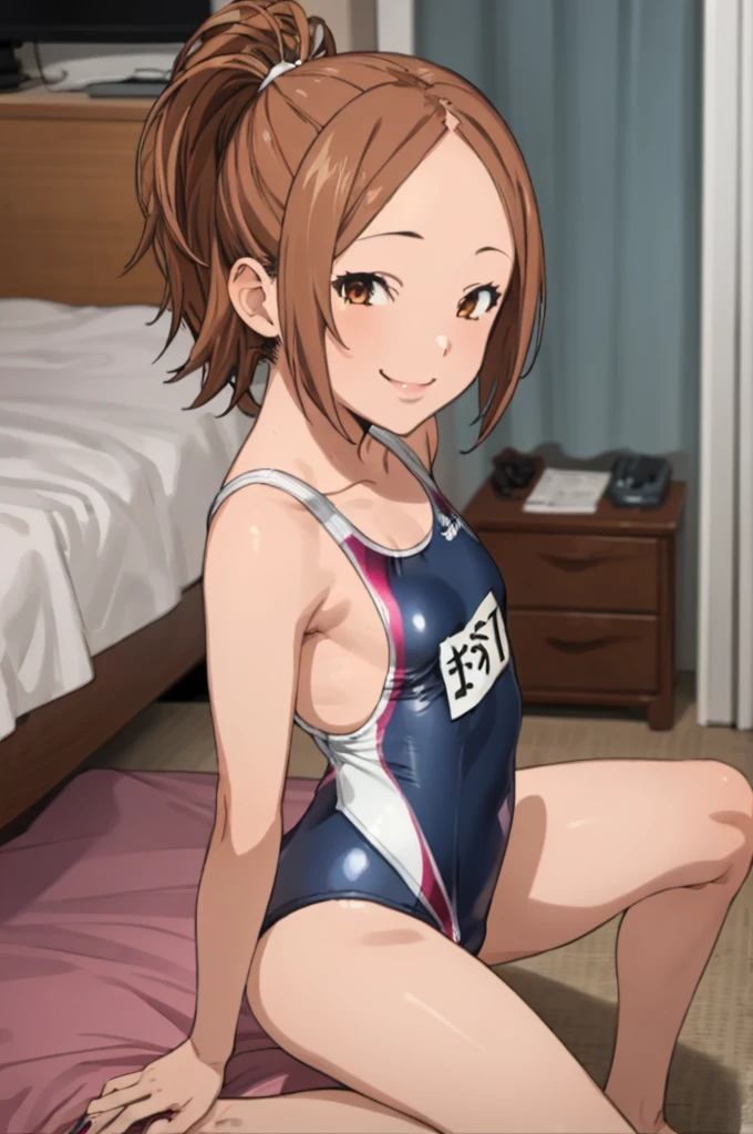 miyoshi kaya, light brown hair, high ponytail,small breasts, orange eyes, parted bangs, forehead,
 1girl,solo,looking at viewer, ,smile,race swimsuit,my room