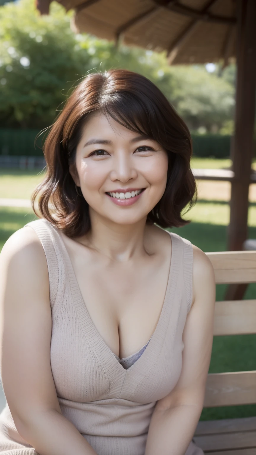 最high quality, In 8K, Masseter region, Genuine, Sharp focus, high quality, High resolution, Detailed face, fine grain, Thick lips, Background Blur, alone, Middle-aged women, , 65 years old, , Wavy Hair, Cleavage, Wearing a plain short-sleeved knit, sitting on a park bench, Wrinkles around the eyes, Smiling with teeth showing