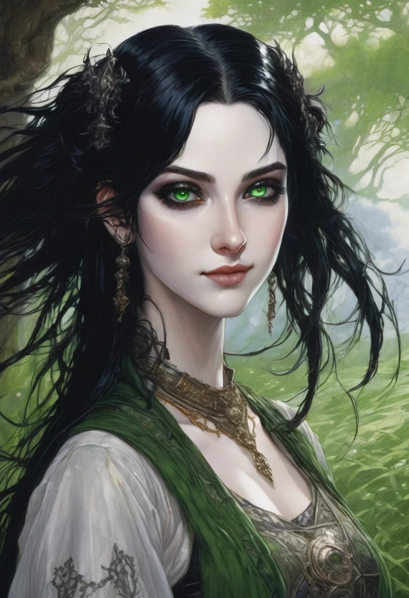 A ((goth gamer girl)) livestreaming on Twitch. She has bright green eyes, black hair and pale skin with a big grin. Alan Lee, Arthur Rackham, Stephen Gammel, dark fantasy, extremely detailed, detailed, beautiful face, dynamic pose, beautiful eyes, perfect composition, intricate details, horror,