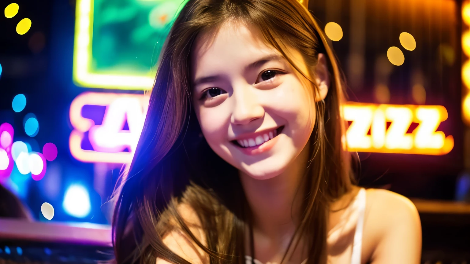 Girl listening to music at a jazz bar,best quality, a girl, delightful, sitting, smiling, looking to the left, long hair, shiny hair, brown hair, black eyes, eyes open, big eyes, fair skin, slim, looking to the right, upper body
