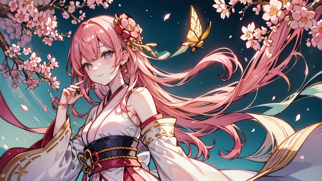 8K resolution, ((highest quality)), ((masterpiece)), ((super detailed)), (very delicate and beautiful), with a girl, solo, gentle expression, she is very(relax)with(Calm)Appearance, pink hair, Depth of the bounds written, bright smile, young expression, bright peach-colored eyes, Beautiful pink hair, beautiful background, long hair, linear art, pink kimono, Japan, Japanese Style, cherry blossomsのように輝く瞳, upper eye, wonderful eyes, cherry blossoms, cherry blossomsの木, cherry blossomsの花が舞っている, Upper body
