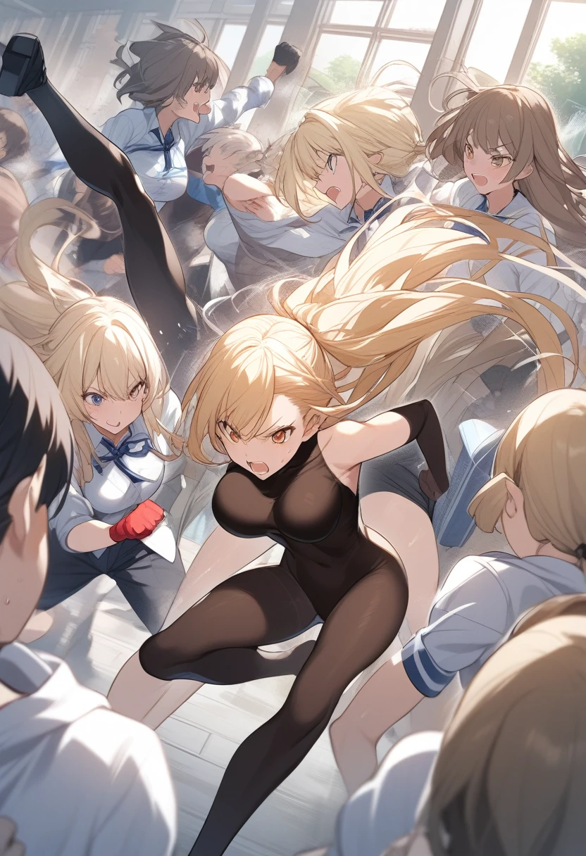 Blond girls bodystocking fight in shool boys