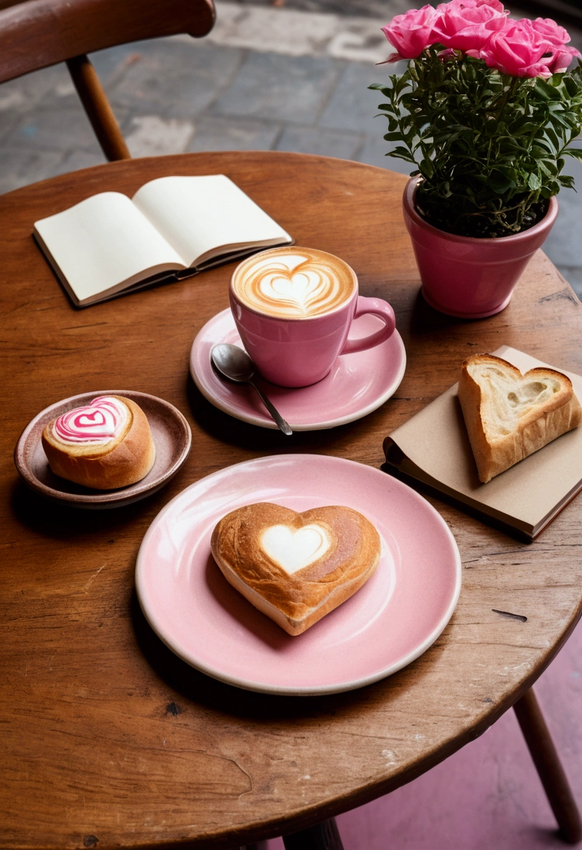 Photograph of a small brown table in a vintage cafe with a cappuccino with a heart shape in a Mexican pink cup next to it a round Mexican pink plate with a glazed bread and next to them a notebook that says pan pan
