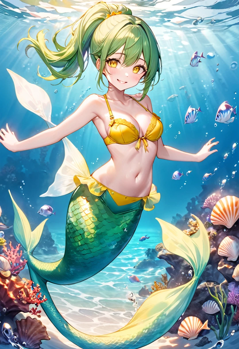 (full body, pov mermaid style swimsuit) (beautifu fighterl body), (solo:2, 15 yo, ponytail green hair long hair sexy mermaid girl, cute yellow eyes, love smile, medium tits, legs is detailed Mermaid tail), (in a sexy big Seashell bra bikini, exposure water love ocean), break, in the Swimsuit contest venue, background Double Exposure beautiful ocean, BREAK, perfect anatomy, masterpiece, best quality, 16k, beautiful detailed love, sexy, daydreaming expression.