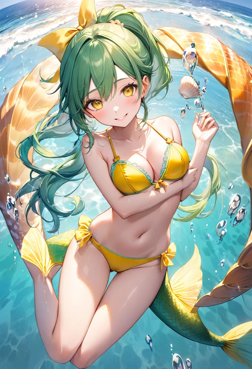 (full body, pov mermaid style swimsuit) (beautifu fighterl body), (solo:2, 15 yo, ponytail green hair long hair sexy mermaid girl, cute yellow eyes, love smile, medium tits, legs is detailed Mermaid tail), (in a sexy big Seashell bra bikini, exposure water love ocean), break, in the Swimsuit contest venue, background Double Exposure beautiful ocean, BREAK, perfect anatomy, masterpiece, best quality, 16k, beautiful detailed love, sexy, daydreaming expression.