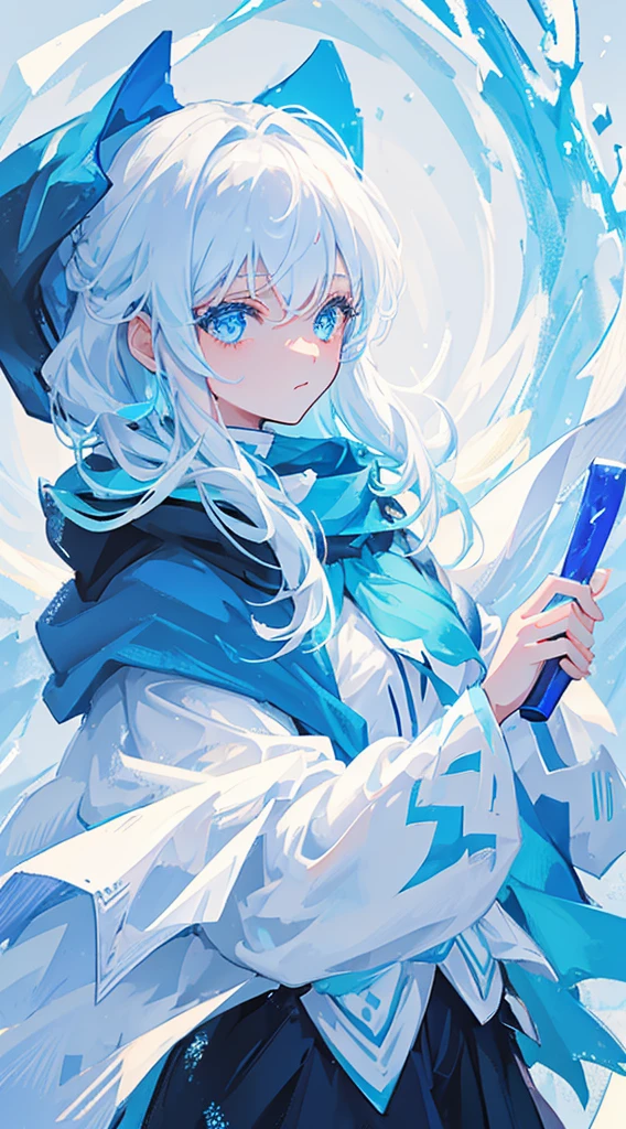 a girl with bright blue eyes, blue and white hair, wearing a icy cloak and white mask and holding a knife made of ice
