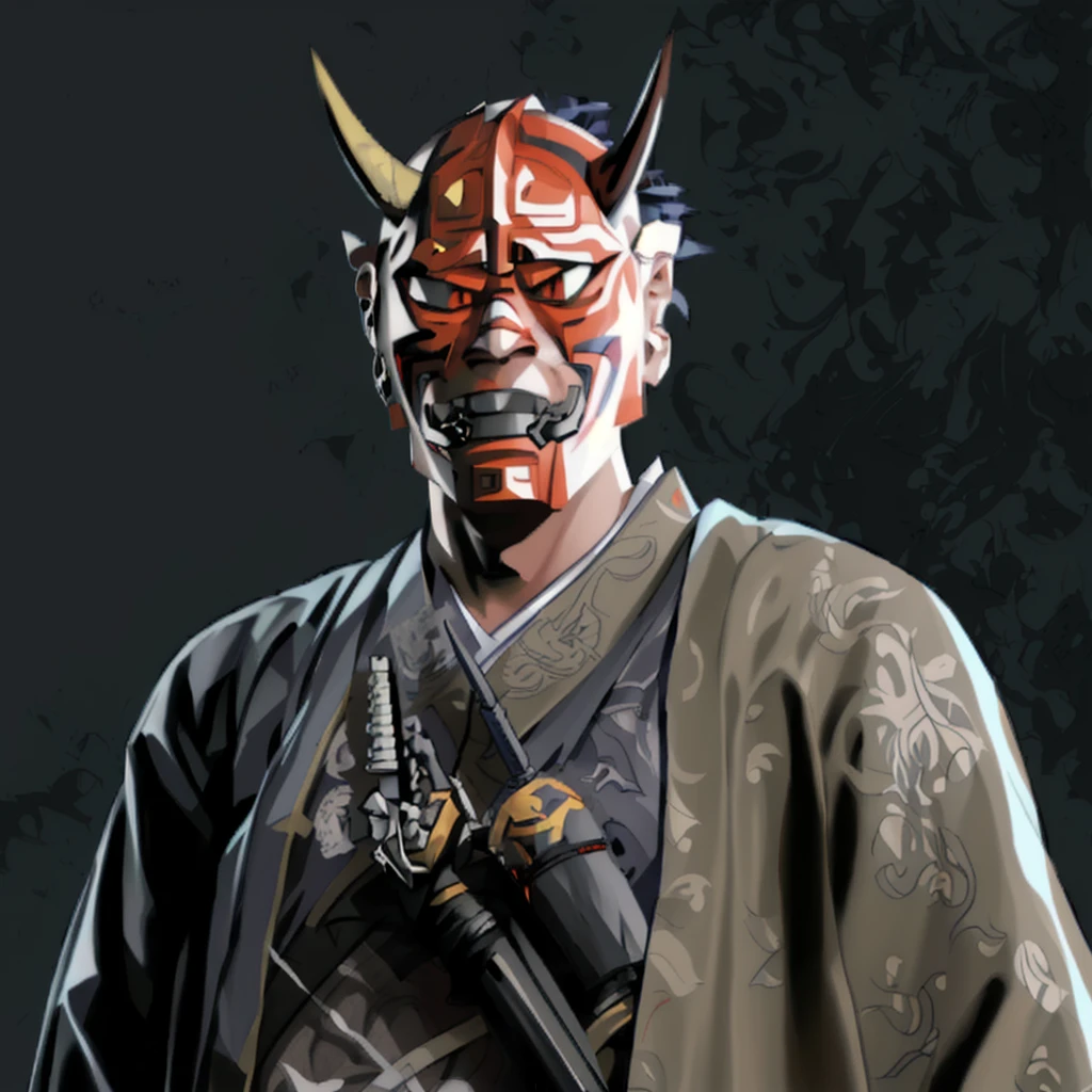 arafed man in a mask with a gun and a knife, yasuke 5 0 0 px models, villain wearing a red oni mask, gyokugan, demon samurai, inspired by Kanō Hōgai, momoshiki ōtsutsuki, katsushika, Samurai with demon mask, moon bull samurai, hunt showdown