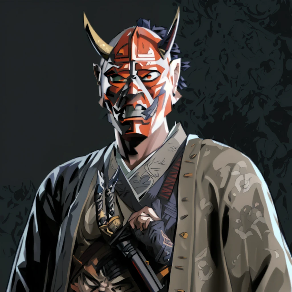 arafed man in a mask with a gun and a knife, yasuke 5 0 0 px models, villain wearing a red oni mask, gyokugan, demon samurai, inspired by Kanō Hōgai, momoshiki ōtsutsuki, katsushika, Samurai with demon mask, moon bull samurai, hunt showdown