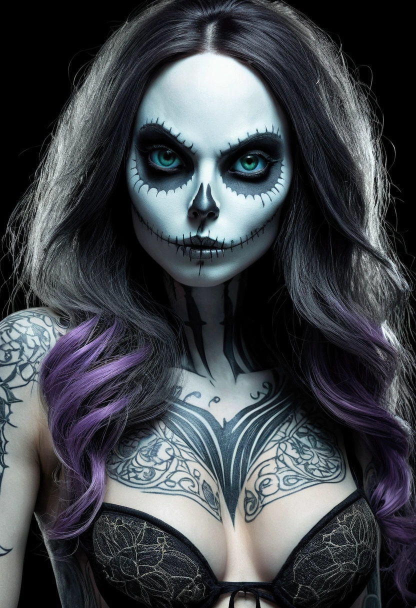 Create a hyper detailed photograph of a nightmare before Christmas tattooed young sexy stunning gorgeous girl, Stunningly perfect gorgeous face, perfect death makeup,detailed vibrant eyes, long hair,detailed perfect beautiful legs, detailed perfect beautiful arms, realistic torso, muscular abs, sally Skellington detailed silky smooth skin texture,detailed silky smooth perky breast, perfect round ass, nightmare before Christmas sexy seductive strappy, back to viewer looking forward,