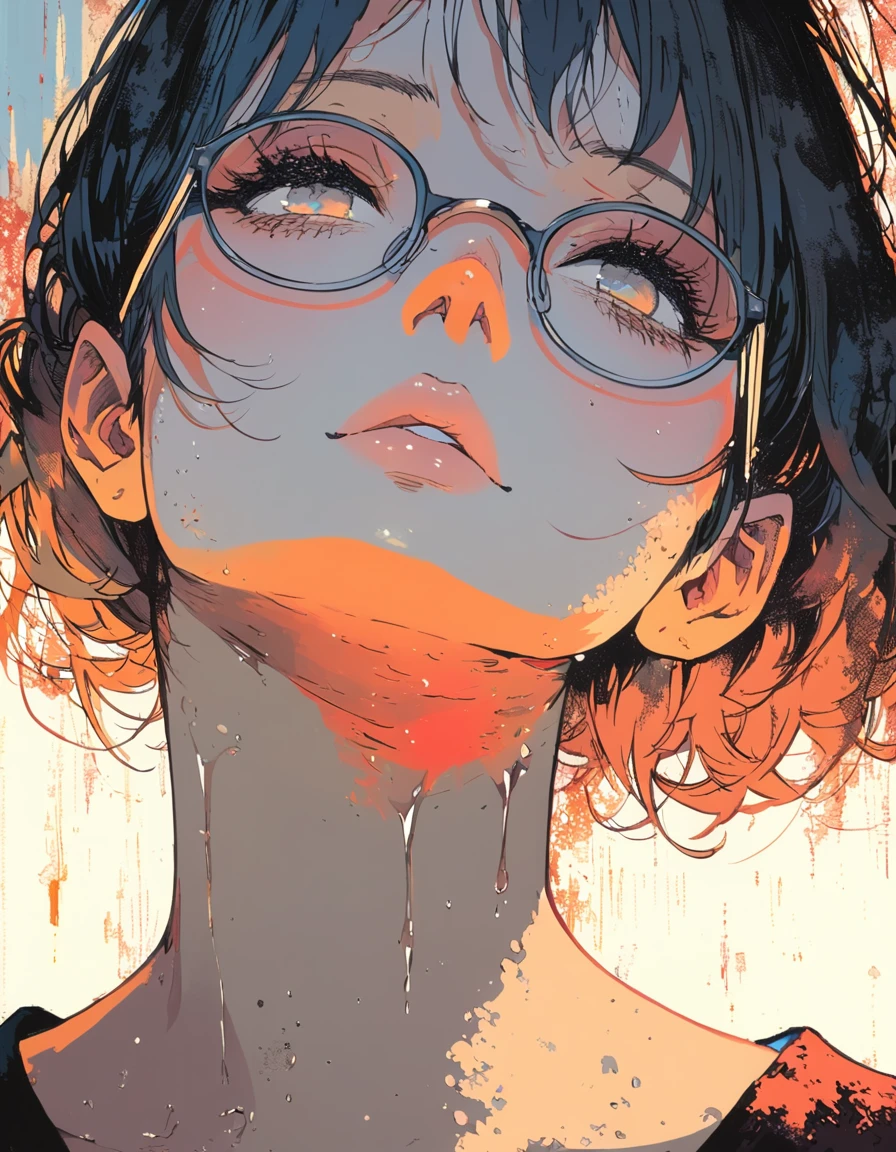 ultra-detailed:1.3, ultra delicate and detailed face:1.3, (absurdres, texture, masterpiece), oil painting, warm color, ennui, pixiv contest winner, by Posuka Demizu, dynamic manga-style illustration of slender girl with glasses, moist eyes, moist lips, head tilt, head back,