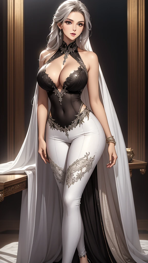 Best quality, masterpiece, realistic, Beautiful sexy cool tall, slim, fit woman, wearing fancy silver-white sequin top and black pants, intricate and highly detailed, cleavage, long silver hair, body chain, jewelry.