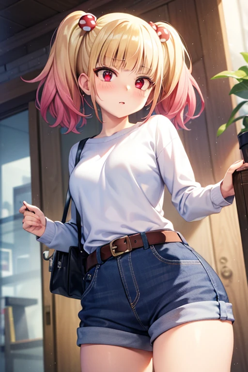 ((masterpiece)),(best quality),official art,extremely detailed CG,unity 8k wallpaper,ultra detailed,beautiful detailed eyes,extremely detailed face,1girl,solo,cowboy shot,looking at viewer,niguredou julia,multicolored hair,gradient hair,pink hair,blonde hair,twintails,food-themed hair ornament,mushroom hair ornament,red eyes,white shirt,long sleeves,denim shorts,shorts rolled up,belt