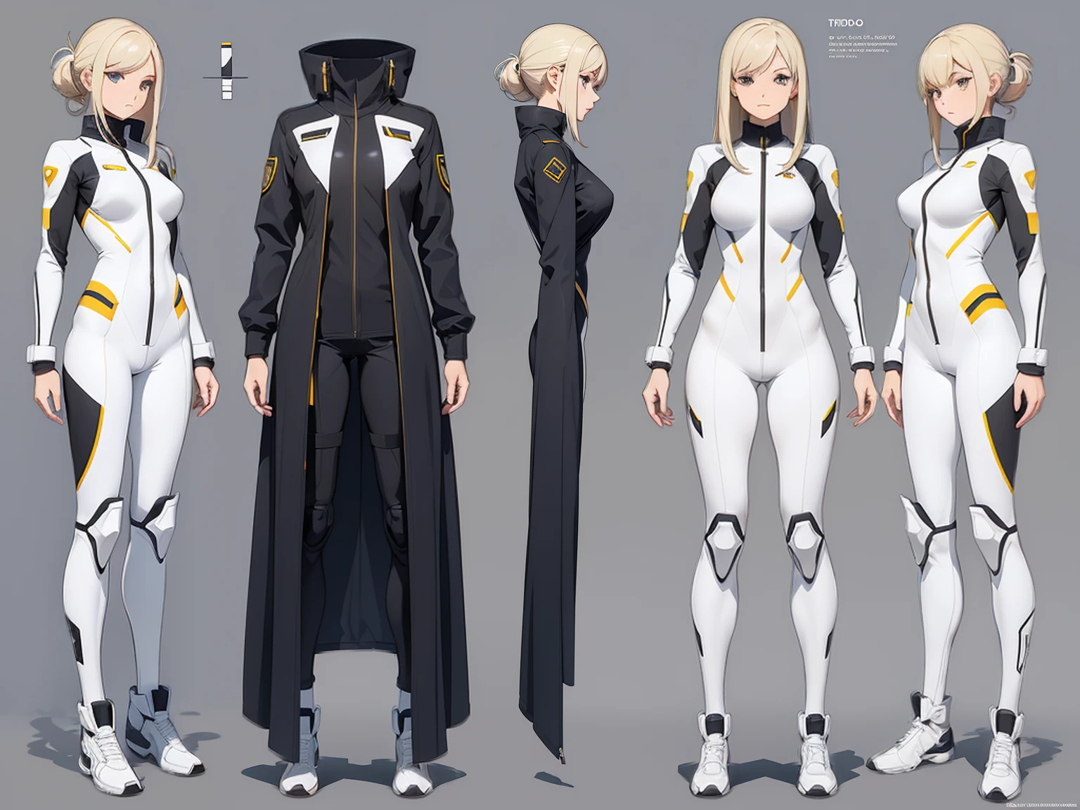 ((Full body photo, standing, feet on the ground)) A comprehensive clothing sheet depicting a futuristic military spacesuit with high boots, mostrado em frontal, lado, and three-bedroom views against a white background. The sheet includes various angles of the clothing, Como fachada, traseira, e perspectivas laterais, together with a model sheet and a reference sheet, all with a full-body representation.