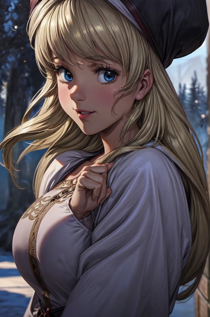 (masterpiece:1.1), (best quality:1.1), 1girl, Real light and shadow, anime face, 4k, 8k, wallpaper,epic, detail texture, blonde hair, (blue eyes:1.5), ((((blond hair:1.35, long hair)))),intricate eyes,beautiful detailed eyes, (symmetrical eyes,big eyes:1.5,(((lustrous skin:1.5,bright skin: 1.5,skin tanned,shiny skin,very shiny skin,shiny body,plastic glitter skin,exaggerated shiny skin,illuminated skin))),(detailed body,(detailed face)), cute, erotic,daring, (((medieval man armor, fur hat, adventurer man armor,winter coat))),(((intricate outfit,intricate clothes, embroidered outfit,ornate outfit,embroidered clothes,ornate clothing))), (dynamic pose:1.0),happy,smile,(centered,scale to fit dimensions,Rule of thirds), ((snowy pine forest at night)), with dark stormy clouds,winter,scenery:1.25,((snow forest background)),Christmas tree, highres,sharp focus,(ultra detailed,extremely detailed),(photorealistic artwork:1.37),(extremely detailed CG unity 8k wallpaper),(((vibrant colors,vibrant theme))),(intricate),(masterpiece),(best quality),
