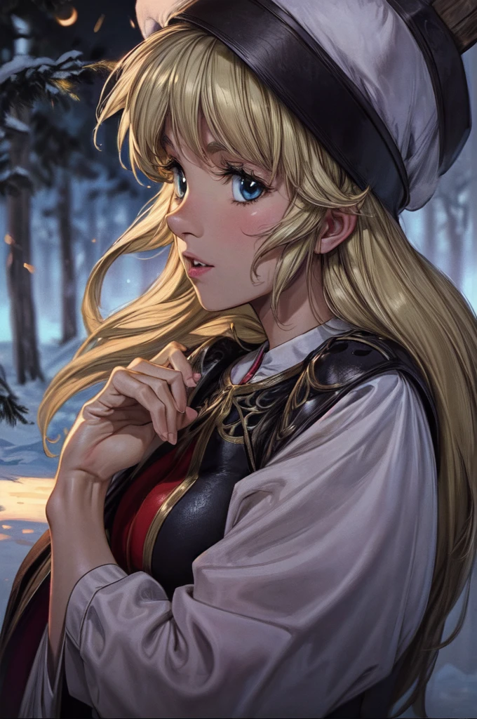 (masterpiece:1.1), (best quality:1.1), 1girl, Real light and shadow, anime face, 4k, 8k, wallpaper,epic, detail texture, blonde hair, (blue eyes:1.5), ((((blond hair:1.35, long hair)))),intricate eyes,beautiful detailed eyes, (symmetrical eyes,big eyes:1.5,(((lustrous skin:1.5,bright skin: 1.5,skin tanned,shiny skin,very shiny skin,shiny body,plastic glitter skin,exaggerated shiny skin,illuminated skin))),(detailed body,(detailed face)), cute, erotic,daring, (((medieval man armor, fur hat, adventurer man armor,winter coat))),(((intricate outfit,intricate clothes, embroidered outfit,ornate outfit,embroidered clothes,ornate clothing))), (dynamic pose:1.0),happy,smile,(centered,scale to fit dimensions,Rule of thirds), ((snowy pine forest at night)), with dark stormy clouds,winter,scenery:1.25,((snow forest background)),Christmas tree, highres,sharp focus,(ultra detailed,extremely detailed),(photorealistic artwork:1.37),(extremely detailed CG unity 8k wallpaper),(((vibrant colors,vibrant theme))),(intricate),(masterpiece),(best quality),